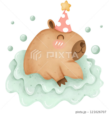 Cartoon capybara on birthday party, hand drawn watercolor 121026707