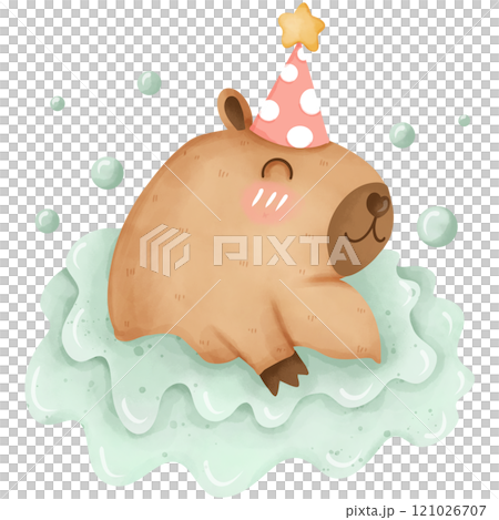 Cartoon capybara on birthday party, hand drawn watercolor 121026707