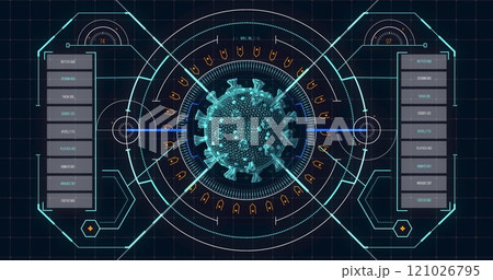 Image of macro coronavirus Covid-19 cell analyzed on a screen with medical information 121026795