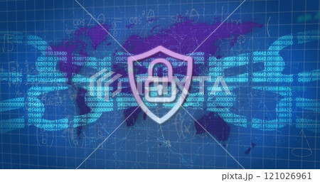 Security padlock, Digital chain and network of connections against world map Security padlock, Digital chain and network of connections against world map 121026961