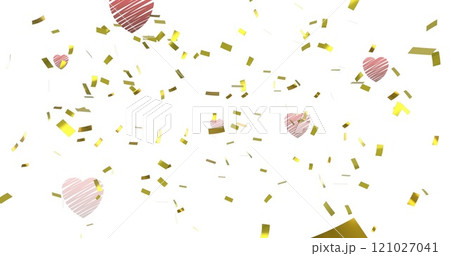 Image of red hearts and gold confetti falling on white background 121027041