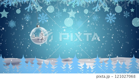 Hanging decorations and multiple christmas tree icons against snow falling over winter landscape 121027068