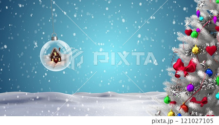 Image of christmas tree with decorations over bauble and snow falling on winter landscape Image of christmas tree with decorations over bauble and snow falling on winter landscape 121027105