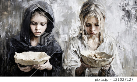 Two young girls holding empty bowls looking hungry and poor 121027127