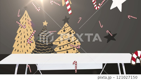 Image of snow and candy canes falling over christmas trees on black background 121027150