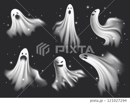 Realistic white ghost flying with sparkles vector set, cartoon angry phantom, scary spirit, Halloween spooky monsters Realistic white ghost flying with sparkles vector set, cartoon angry phantom, scary spirit, Halloween spooky monsters 121027294