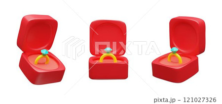 3D image of luxurious set of gold rings with precious stones in a gift box 3D image of luxurious set of gold rings with precious stones in a gift box 121027326