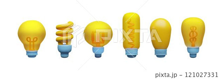 Set of 3D electric light bulbs with yellow energy-saving design that inspires ideas and imagination. Set of 3D electric light bulbs with yellow energy-saving design that inspires ideas and imagination. 121027331