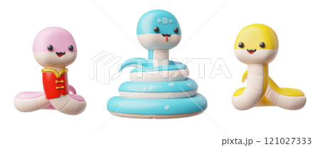 Vector 3d set of illustrations with cute snakes, yellow, blue and pink. 121027333