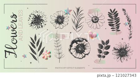Collection of flowers and leaves retro photocopy effect elements gradient background, vector herbarium grainy texture 121027343