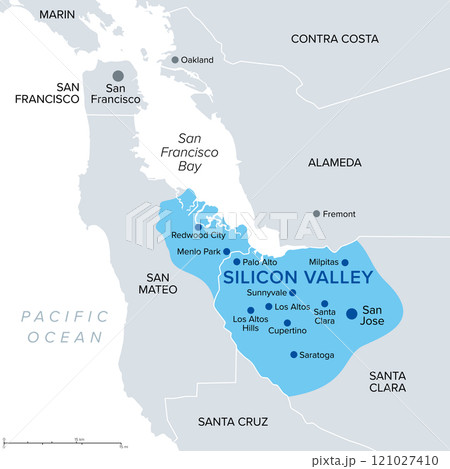 Silicon Valley, a region of Northern California in the United States, political map. Global center for high technology and innovation, located in the southern part of the San Francisco Bay Area. Silicon Valley, a region of Northern California in the United States, political map. Global center for high technology and innovation, located in the southern part of the San Francisco Bay Area. 121027410