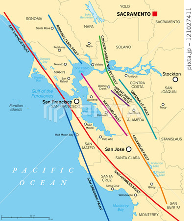 San Francisco Bay Area, major fault lines, political map. The Bay Area, traversed by major fault systems, stressed by the relative motion between Pacific and North America Plate, causing earthquakes. 121027411