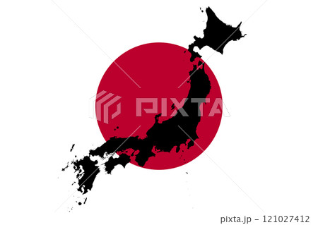 Japan, the country silhouette on the national flag, a crimson-red rising sun on white field. Island country Japan in East Asia, located in the Pacific Ocean, in front of the Japanese national flag. 121027412