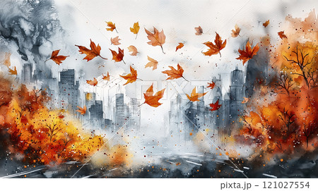 Autumn leaves falling on city street 121027554