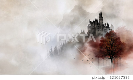 Neuschwanstein castle emerging from autumn fog with birds flying 121027555