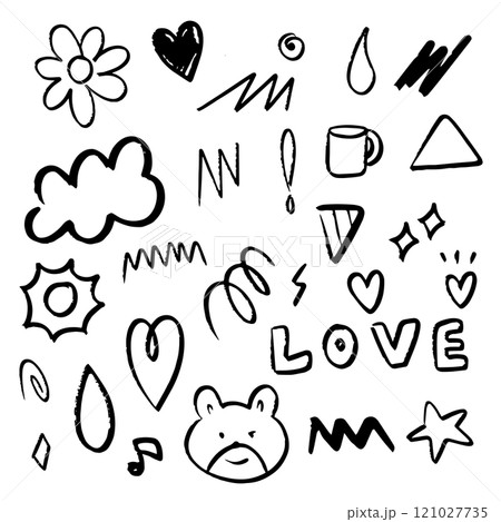 Abstract doodle hand drawn cartoon. Cute stuffs with stroke for element, decoration and illustration. Flower, star, sun, cloud and heart Abstract doodle hand drawn cartoon. Cute stuffs with stroke for element, decoration and illustration. Flower, star, sun, cloud and heart 121027735