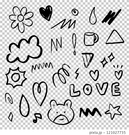Abstract doodle hand drawn cartoon. Cute stuffs with stroke for element, decoration and illustration. Flower, star, sun, cloud and heart Abstract doodle hand drawn cartoon. Cute stuffs with stroke for element, decoration and illustration. Flower, star, sun, cloud and heart 121027735