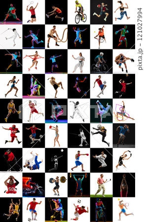 Collage of strength and energy. Young athletes in action across multiple sports against contrasting black and white background. Collage of strength and energy. Young athletes in action across multiple sports against contrasting black and white background. 121027994