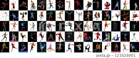 Dynamic mix of athletic moments, capturing both individual and team sports against black and white contrasting background. Dynamic mix of athletic moments, capturing both individual and team sports against black and white contrasting background. 121028001