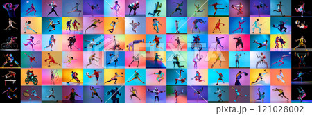 Colorful collage. Young athletes performing various sports, including fencing, martial arts, weightlifting, and team sports. Colorful collage. Young athletes performing various sports, including fencing, martial arts, weightlifting, and team sports. 121028002