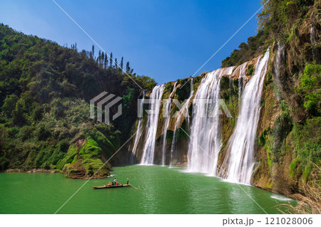 Aerial view of Jiulong waterfall in Luoping, Yunnan, China 121028006