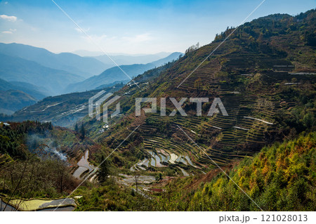Aerial view of Yuanyang rice terrace at sunrise, Yunnan province, China 121028013