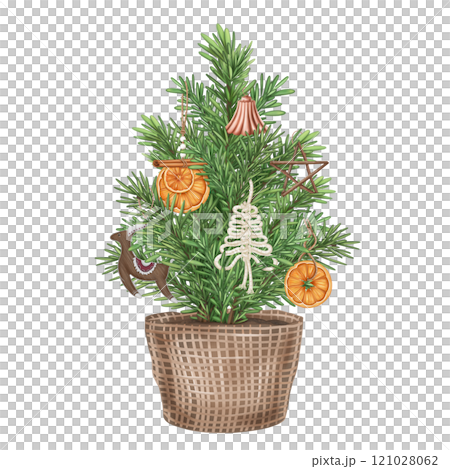 Eco-friendly retro Christmas tree with organic toys made of recyclable material. Sustainable Xmas, holidays, Hand drawn winter handmade decorations. Isolated illustration, greeting design Eco-friendly retro Christmas tree with organic toys made of recyclable material. Sustainable Xmas, holidays, Hand drawn winter handmade decorations. Isolated illustration, greeting design 121028062