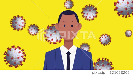 Businessman icon wearing face mask over Covid-19 cells against yellow background 121028203