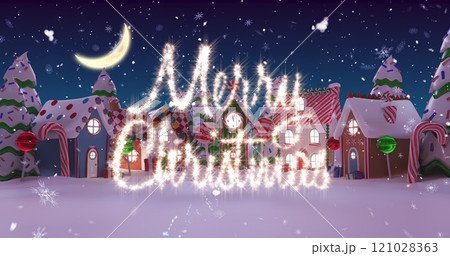 Image of Merry Christmas written in shiny letter on snowy city 121028363