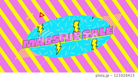 Massive sale graphic on blue oval with yellow and pink striped background 4k 121028413