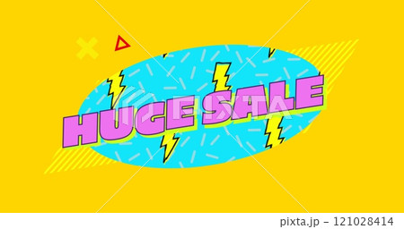 Huge sale graphic in blue oval on yellow background 4k 121028414