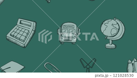 Image of back to school text over school items icons on green background 121028530