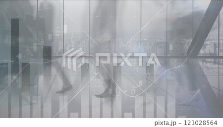 Walking people with financial data in the background 4k 121028564