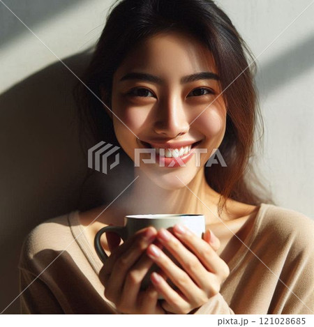 ホットコーヒーで冷えた体を温める女性 ホットコーヒーで冷えた体を温める女性 121028685