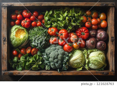 Fresh organic vegetables in rustic wooden crate displaying vibrant colors 121028763