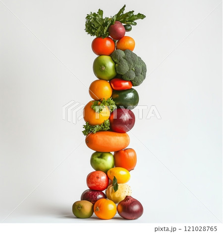 Vertical tower of fresh fruits and vegetables against white background 121028765