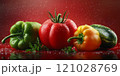 Fresh colorful vegetables with water droplets on red background 121028769
