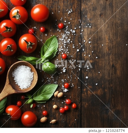 Fresh tomatoes with basil and sea salt on...のイラスト素材 [121028774] - PIXTA