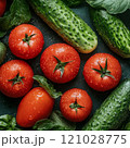 Fresh tomatoes and cucumbers with spinach on dark background 121028775