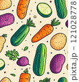 Colorful assorted vegetables pattern with carrots, cucumbers, potatoes, and beets 121028778
