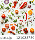 Fresh vegetables and herbs with spices and citrus on white background 121028780