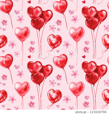 valentine's day seamless pattern red heart shaped balloons on pink background, watercolor illustration for love designs 121028798