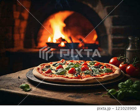 Delicious pizza with fresh ingredients baked in a traditional stone oven at a cozy restaurant 121028900