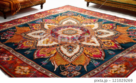 A colorful rug with a flower pattern is on the floor A colorful rug with a flower pattern is on the floor 121029269