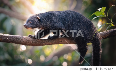 A black animal with a white face is on a tree branch 121029487
