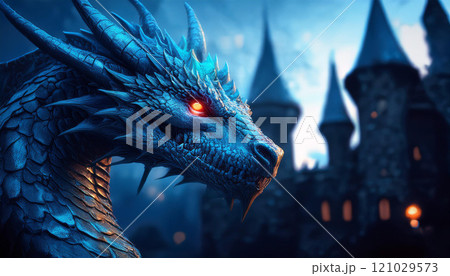 A blue dragon with red eyes stands in front of a castle A blue dragon with red eyes stands in front of a castle 121029573