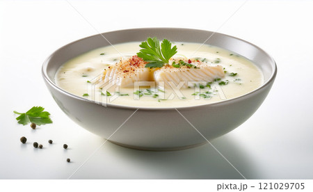 A bowl of creamy soup with a garnish of parsley 121029705