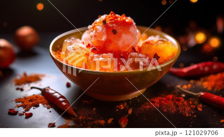 A bowl of ice cream with red sauce and chili peppers 121029706