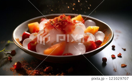 A bowl of fruit with ice and red powder on top 121029707