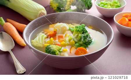 A bowl of vegetable soup with carrots, broccoli, and peas A bowl of vegetable soup with carrots, broccoli, and peas 121029718